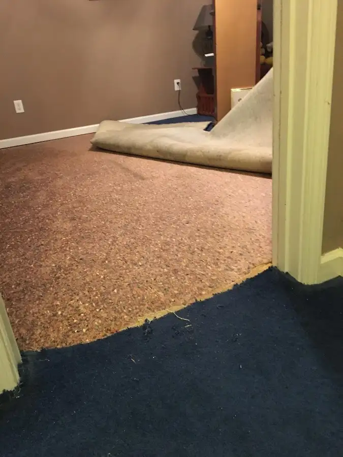 Carpet pad removal revealing water damage during Drying & Dehumidification in Baxter